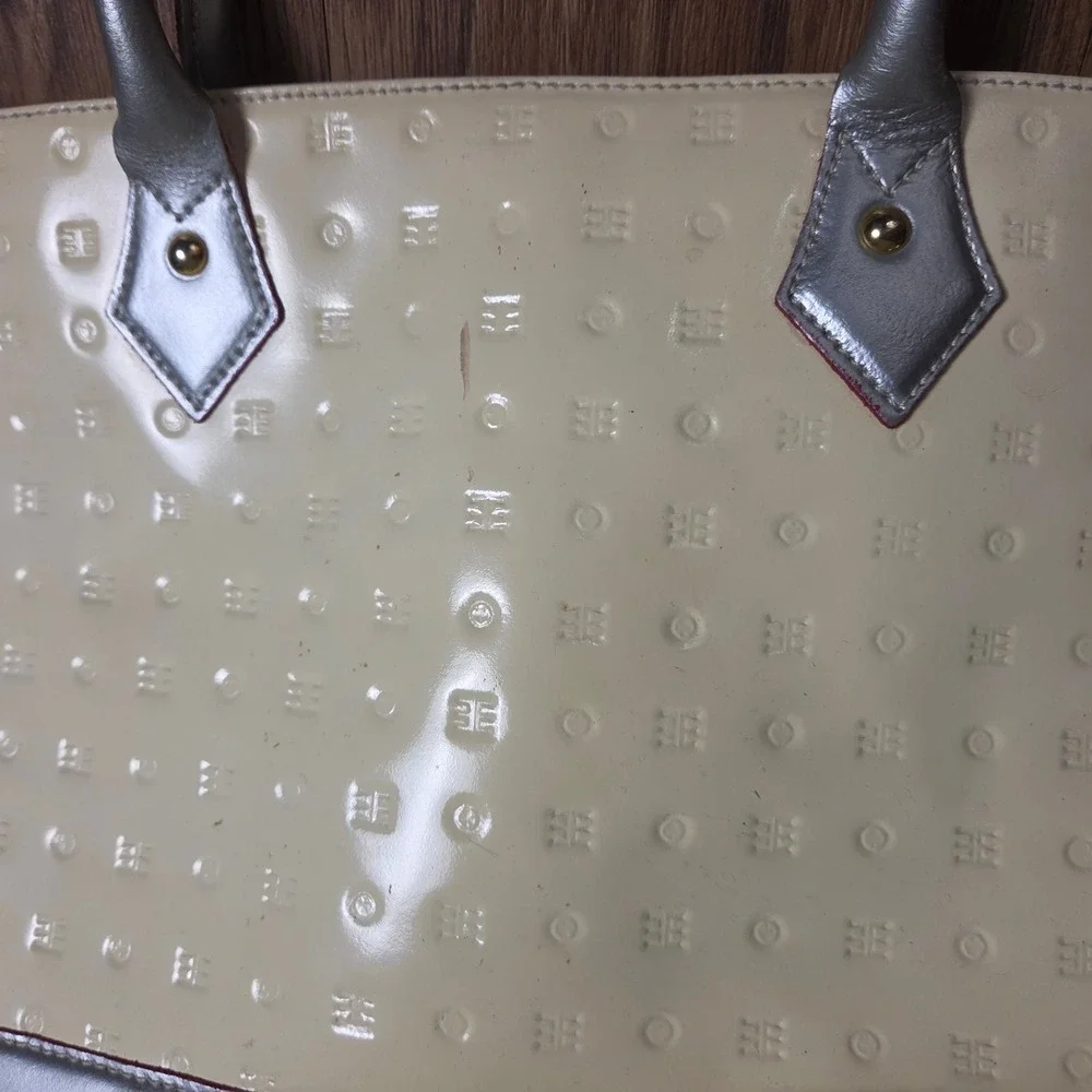 Arcadia Patent Leather Monogram All Over Embossed Satchel Handbag Cream Retro